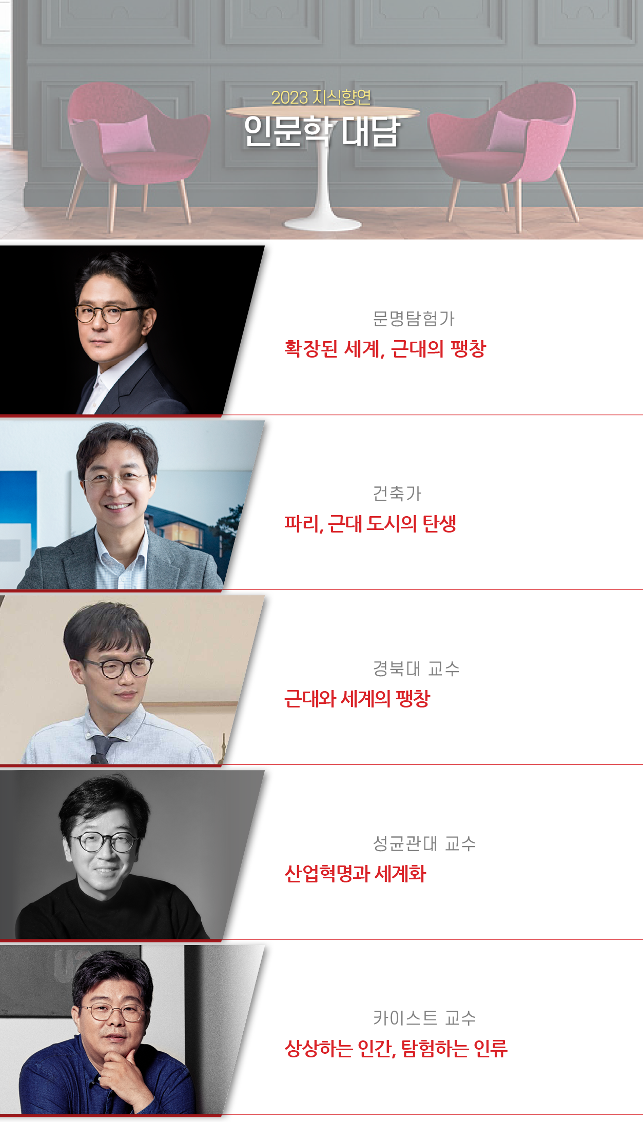 2023 인문학 대담 인문학 강연 LINE-UP 송동훈 문명탐험가 확장된 세계, 근대의 팽창 유현준 건축가 파리, 근대 도시의 탄생 윤영휘 경북대 교수 근대와 세계의 팽창 송병건 성균관대 교수 산업혁명과 세계화 정재승 카이스트 교수 상상하는 인간, 탐험하는 인류 COMING SOON